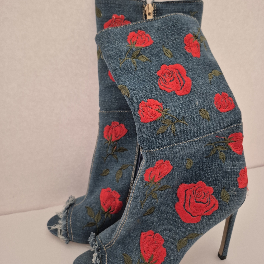AKIRA Romantic Red Rose Embroidered Denim Booties - Picture 2 of 5